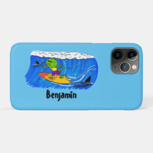Funny frilled neck lizard surfing cartoon iPhone 11 pro case