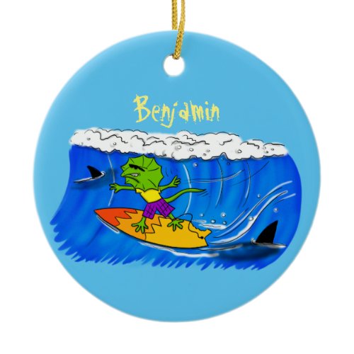 Funny frilled neck lizard surfing cartoon ceramic ornament