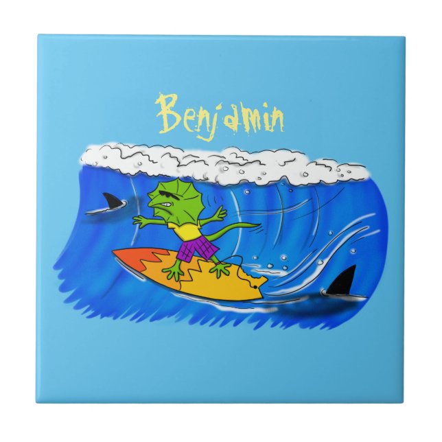 Funny frilled neck lizard surfing cartoon ceramic tile (Front)