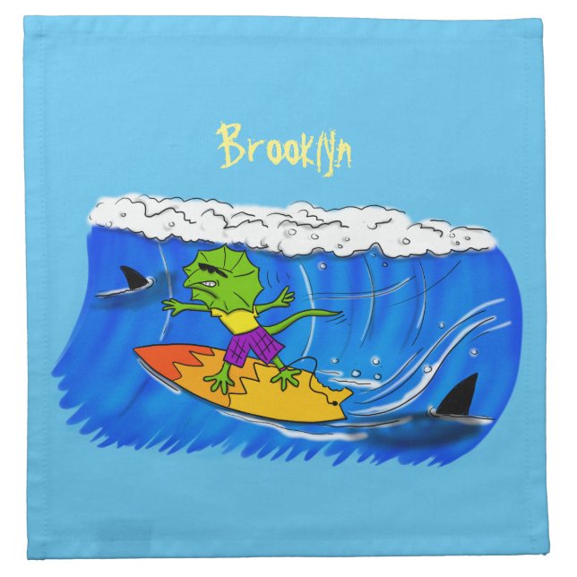 Funny frilled neck lizard surfing cartoon cloth napkin (Front)