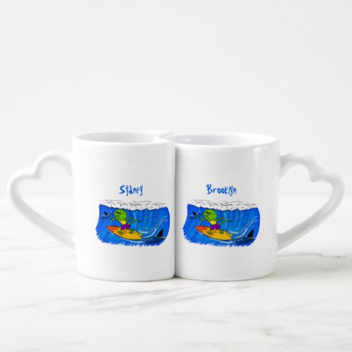 Funny frilled neck lizard surfing cartoon coffee mug set