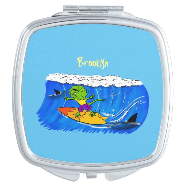 Funny frilled neck lizard surfing cartoon compact mirror (Front)