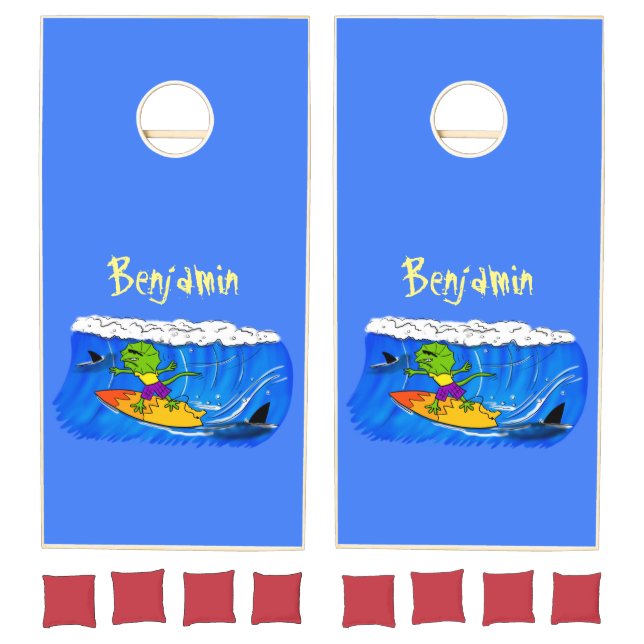 Funny frilled neck lizard surfing cartoon cornhole set (Set)