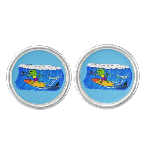 Funny frilled neck lizard surfing cartoon cufflinks