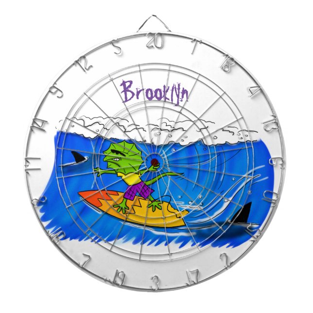 Funny frilled neck lizard surfing cartoon dart board (Front)