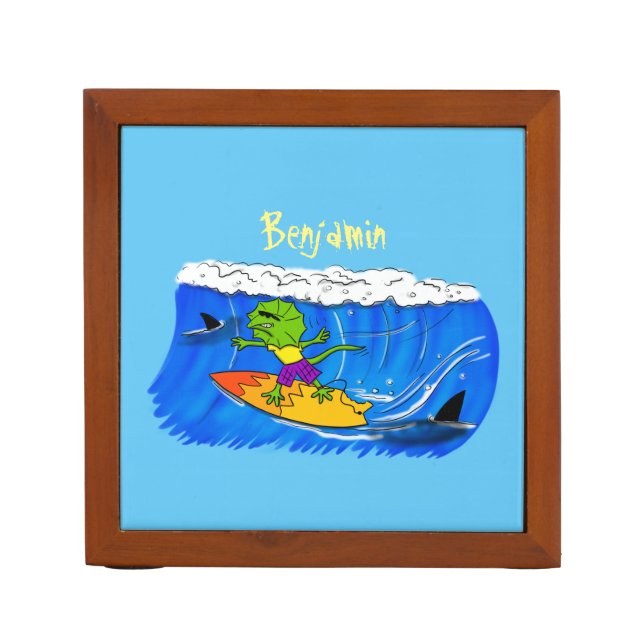 Funny frilled neck lizard surfing cartoon desk organizer (Front)