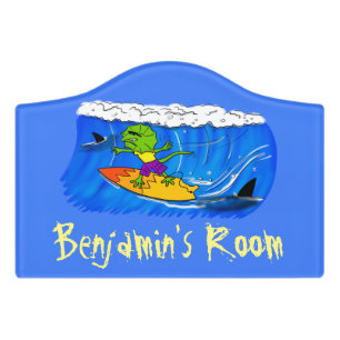 Funny frilled neck lizard surfing cartoon door sign