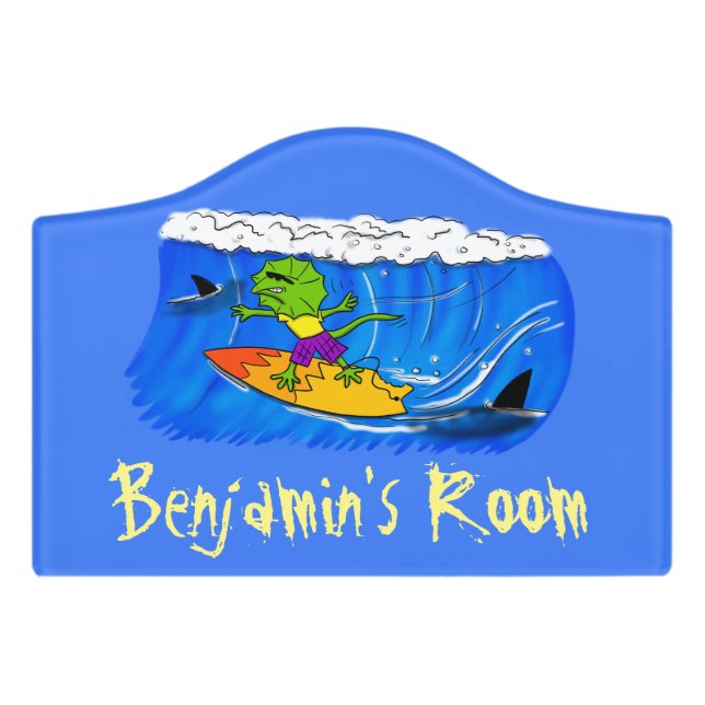 Funny frilled neck lizard surfing cartoon door sign (Small Crest Front)