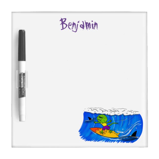 Funny frilled neck lizard surfing cartoon dry erase board (Front)