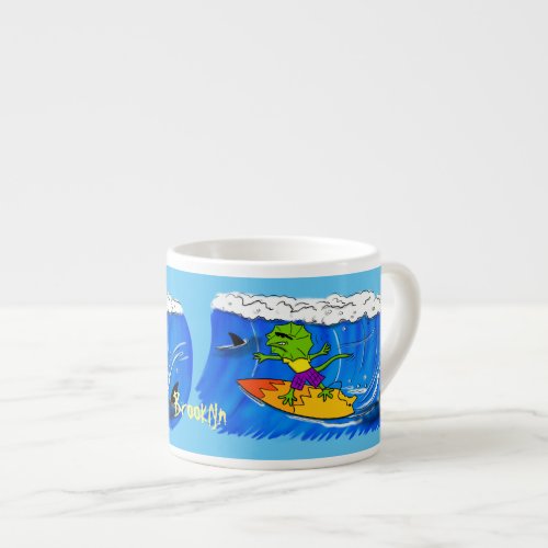 Funny frilled neck lizard surfing cartoon espresso cup