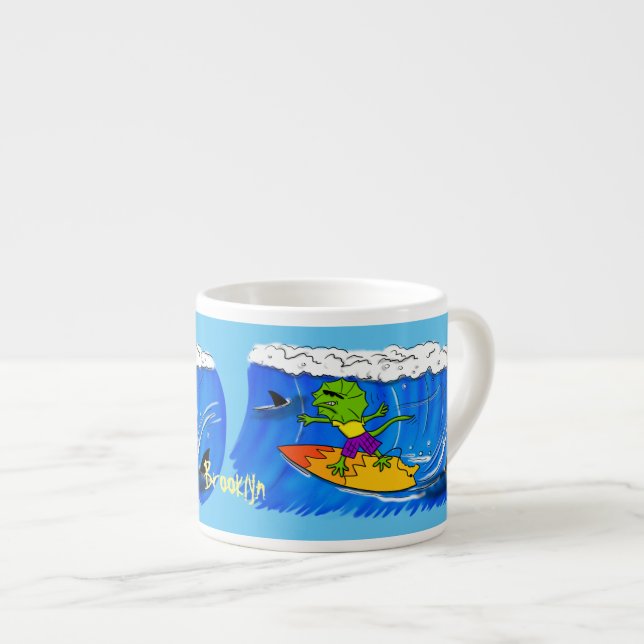 Funny frilled neck lizard surfing cartoon espresso cup (Front Right)