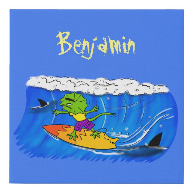Funny frilled neck lizard surfing cartoon faux canvas print (Front)