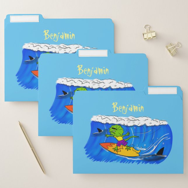 Funny frilled neck lizard surfing cartoon file folder (Set)