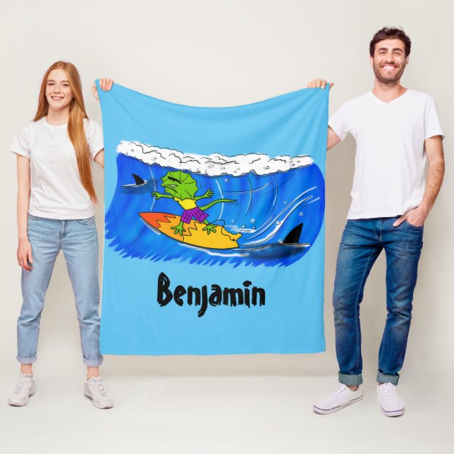 Funny frilled neck lizard surfing cartoon fleece blanket (In Situ)