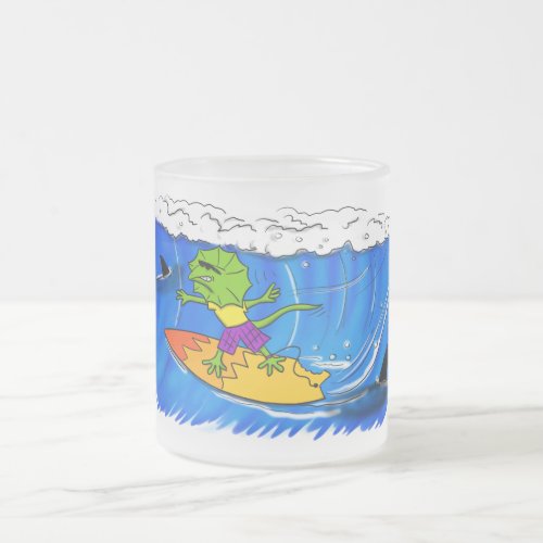 Funny frilled neck lizard surfing cartoon frosted glass coffee mug