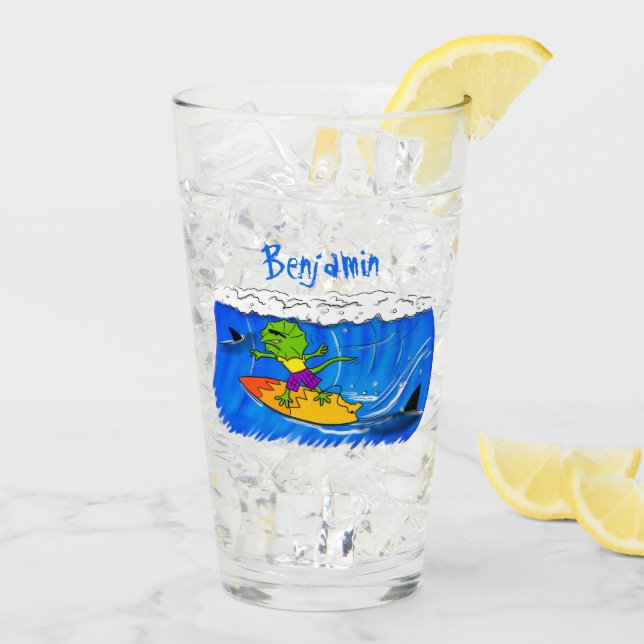 Funny frilled neck lizard surfing cartoon glass (Back Ice)