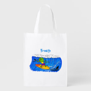 Funny frilled neck lizard surfing cartoon grocery bag