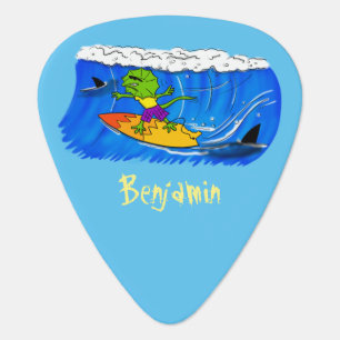Funny frilled neck lizard surfing cartoon guitar pick