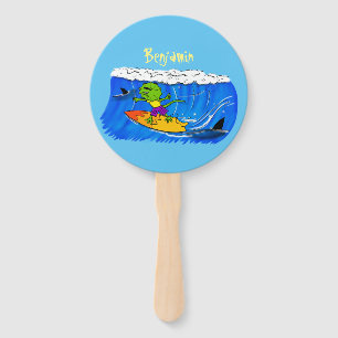 Funny frilled neck lizard surfing cartoon hand fan