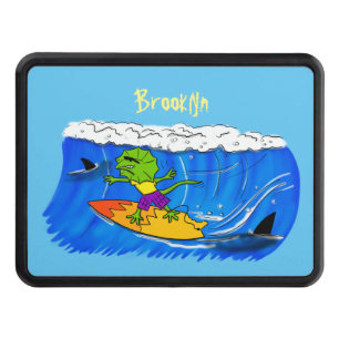Funny frilled neck lizard surfing cartoon hitch cover