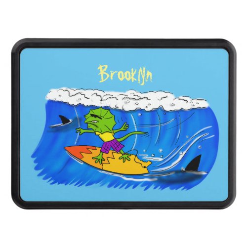 Funny frilled neck lizard surfing cartoon hitch cover