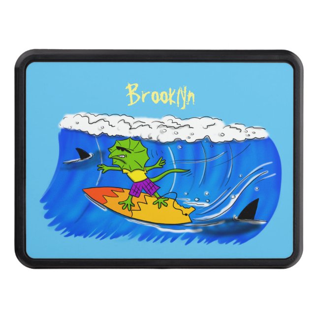 Funny frilled neck lizard surfing cartoon hitch cover (Front)
