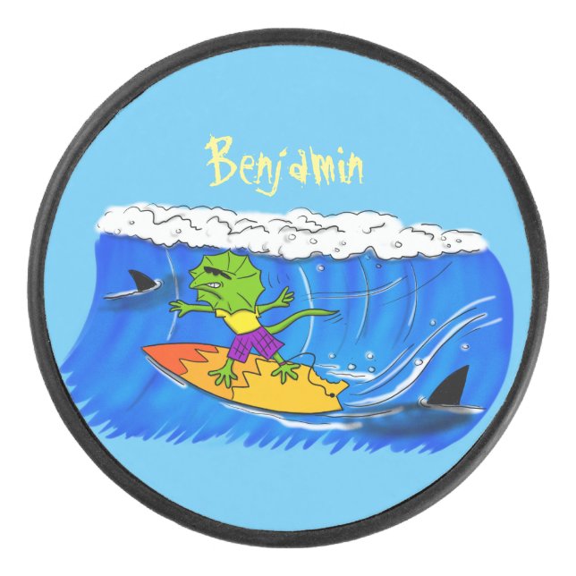 Funny frilled neck lizard surfing cartoon hockey puck (Front)