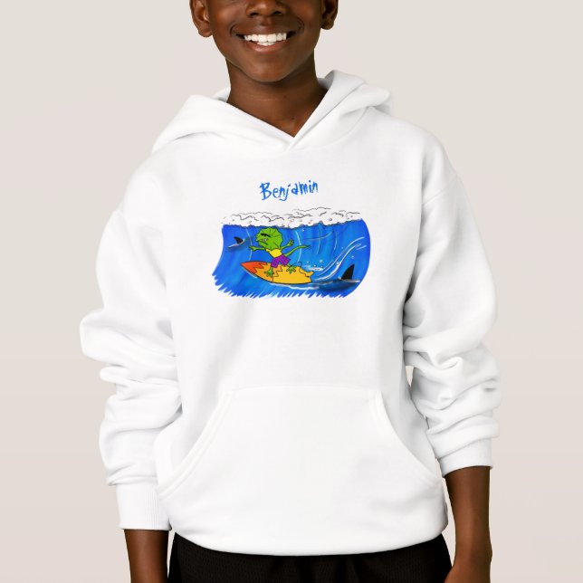 Funny frilled neck lizard surfing cartoon hoodie (Front)