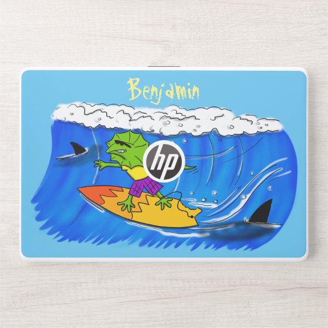Funny frilled neck lizard surfing cartoon HP laptop skin (Front)