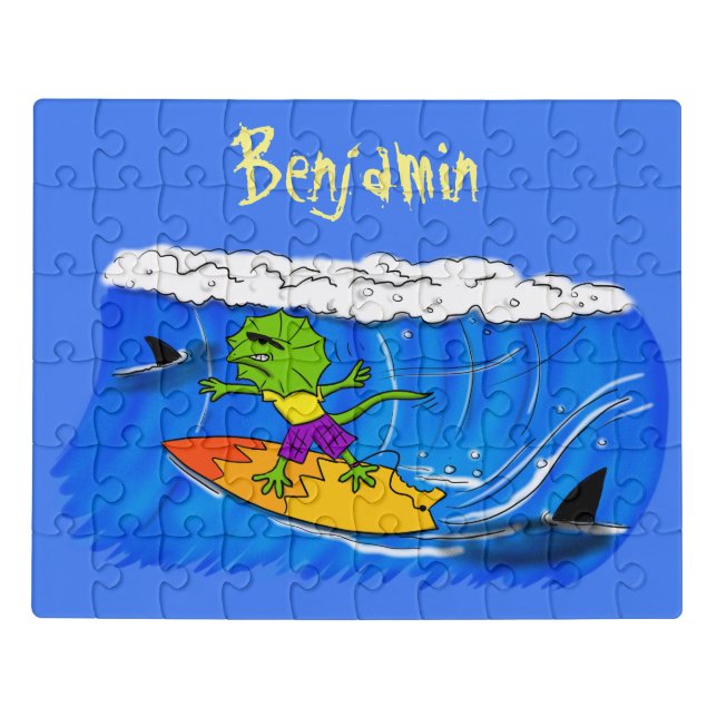 Funny frilled neck lizard surfing cartoon jigsaw puzzle (Puzzle Horizontal)