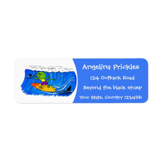 Funny frilled neck lizard surfing cartoon label (Front)