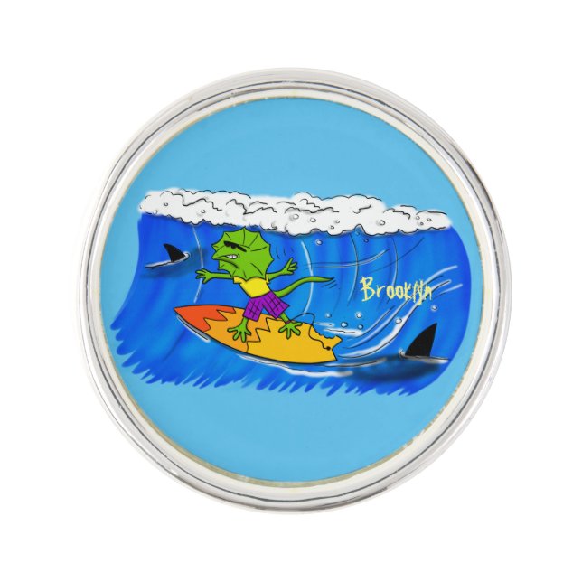 Funny frilled neck lizard surfing cartoon lapel pin (Front)