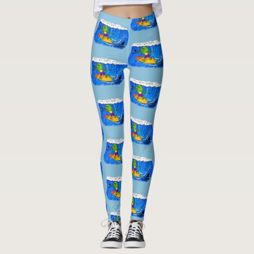 Funny frilled neck lizard surfing cartoon leggings