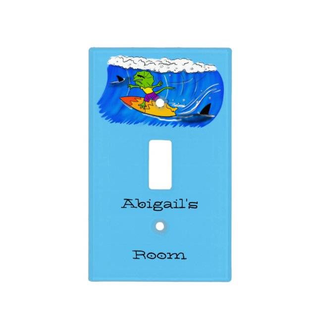 Funny frilled neck lizard surfing cartoon  light switch cover (Front)
