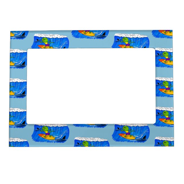 Funny frilled neck lizard surfing cartoon magnetic frame (Front)