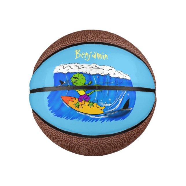 Funny frilled neck lizard surfing cartoon mini basketball (Front)