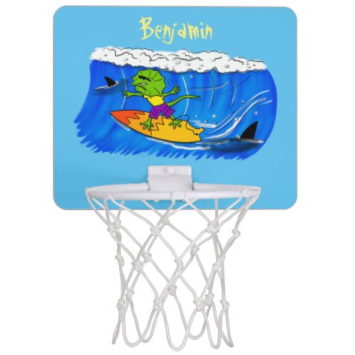 Funny frilled neck lizard surfing cartoon mini basketball hoop