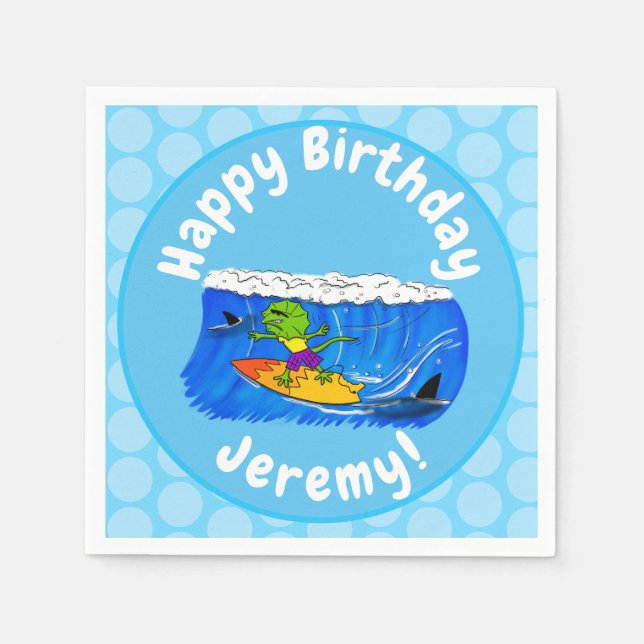 Funny frilled neck lizard surfing cartoon napkins (Front)