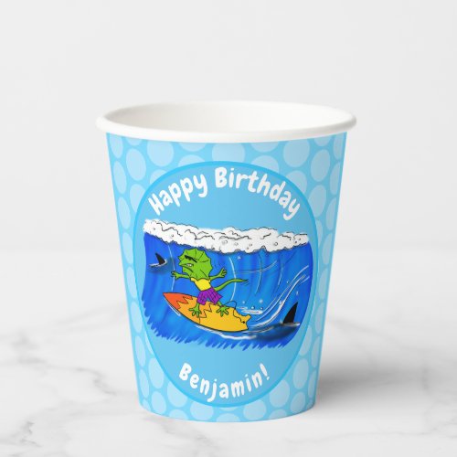 Funny frilled neck lizard surfing cartoon paper cups