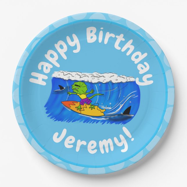 Funny frilled neck lizard surfing cartoon paper plates (Front)