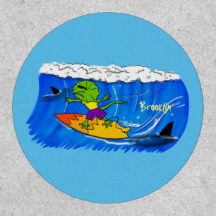 Funny frilled neck lizard surfing cartoon patch