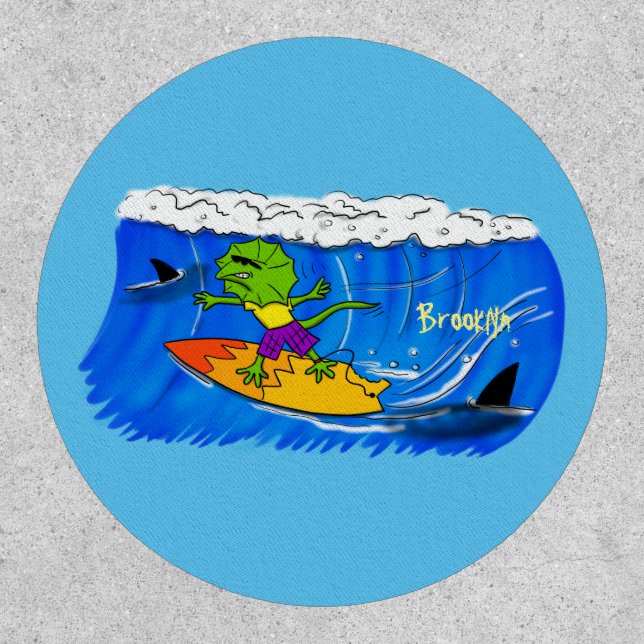 Funny frilled neck lizard surfing cartoon patch (Front)