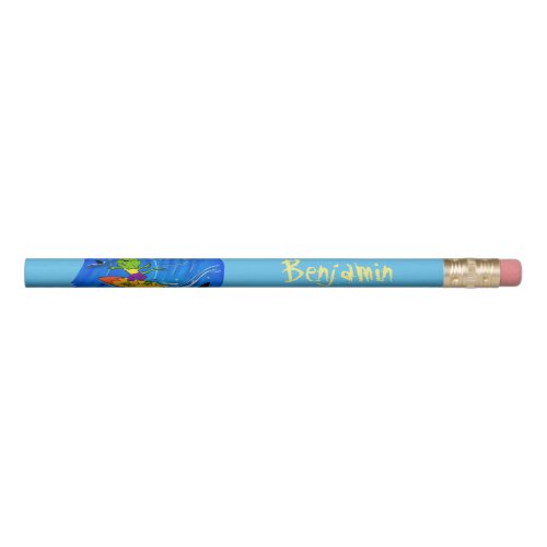 Funny frilled neck lizard surfing cartoon pencil