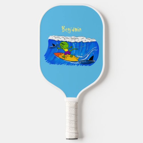 Funny frilled neck lizard surfing cartoon  pickleball paddle