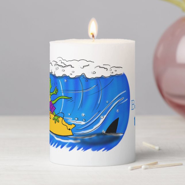 Funny frilled neck lizard surfing cartoon pillar candle (In Situ)