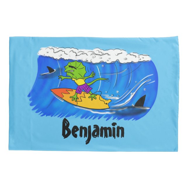 Funny frilled neck lizard surfing cartoon pillow case (Back)