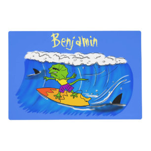 Funny frilled neck lizard surfing cartoon placemat