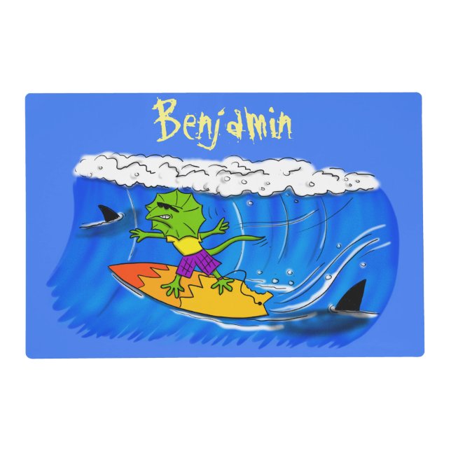 Funny frilled neck lizard surfing cartoon placemat (Front)