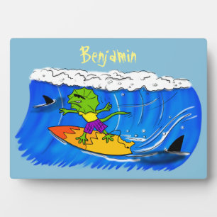 Funny frilled neck lizard surfing cartoon plaque