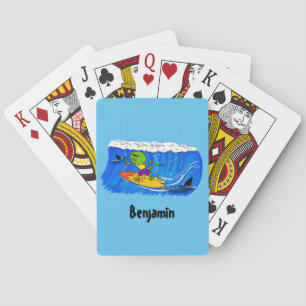 Funny frilled neck lizard surfing cartoon poker cards